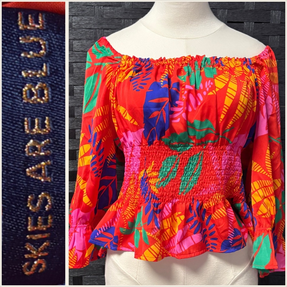 Skies Are Blue Off Shoulder Smocked Peplum Top‎ Tropical Floral Print Large